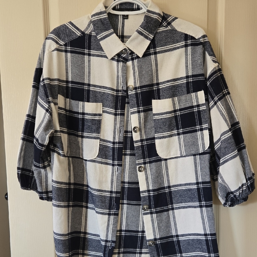 Women's Navy and White Plaid Shirt